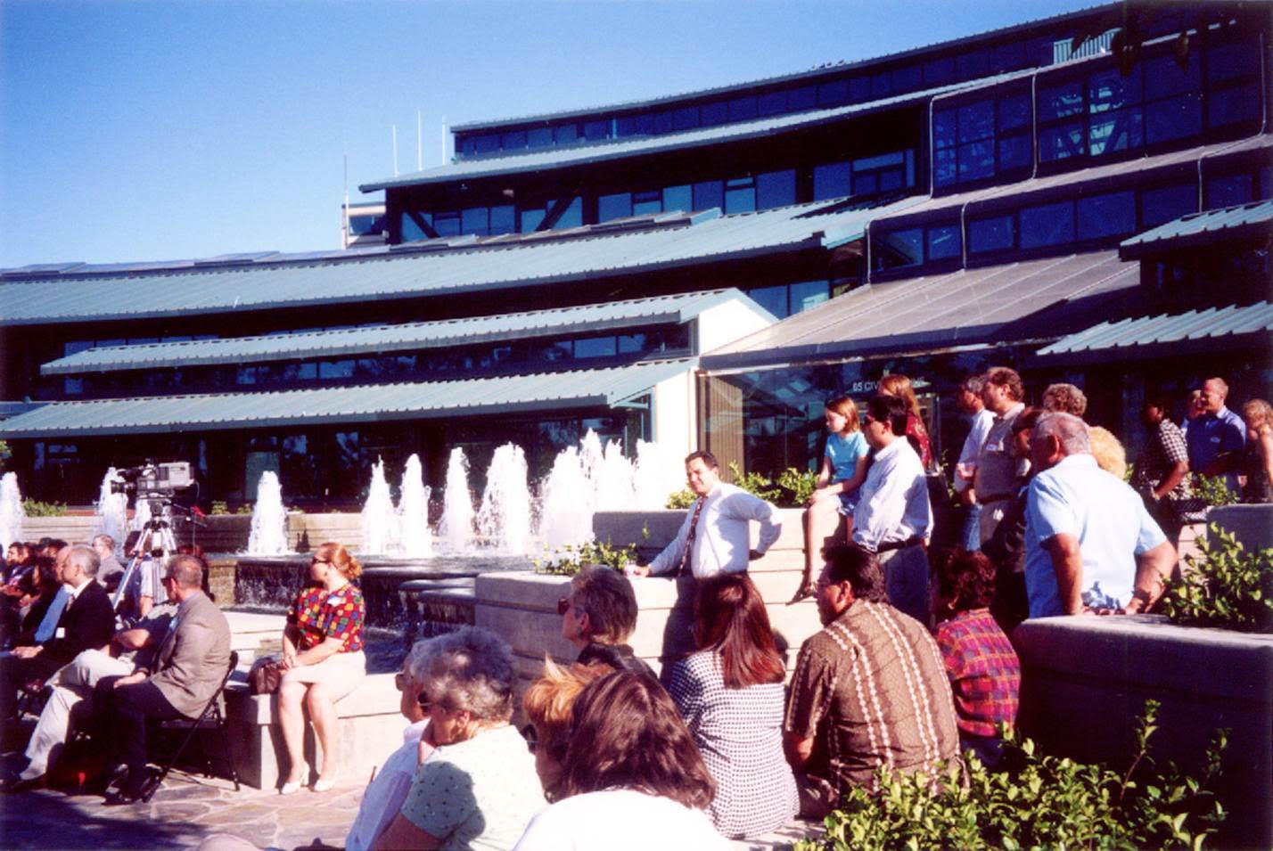 People gathered by the fountains at the Pittsburg Civic Center