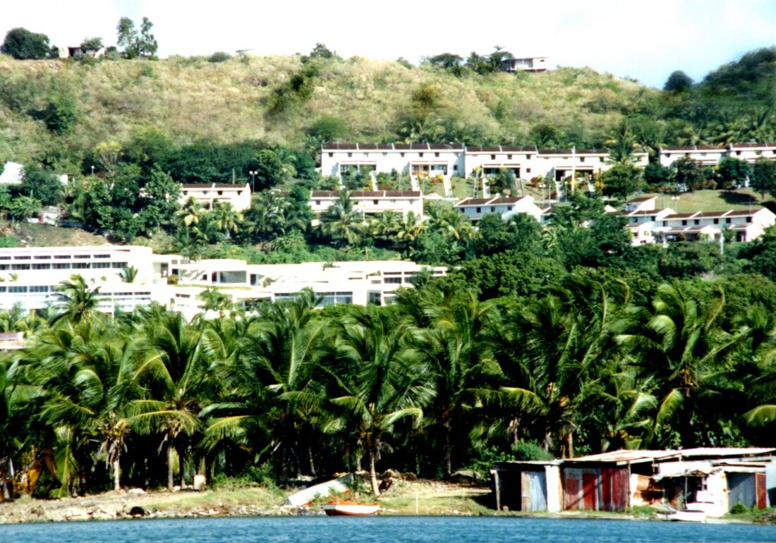 Housing on the hillside above the shore in the French Caribbean