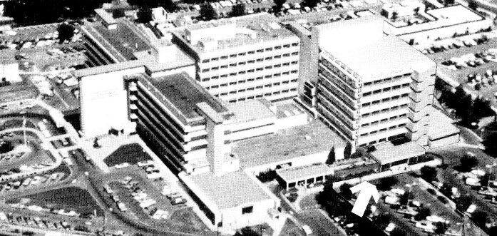 Aerial view of the UCD Medical Center tower, Sacramento