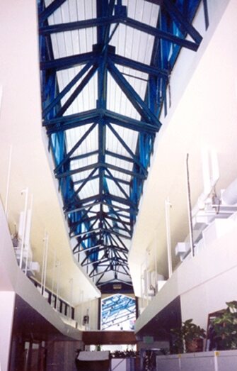 Skylit circulation space inside the Civic Center