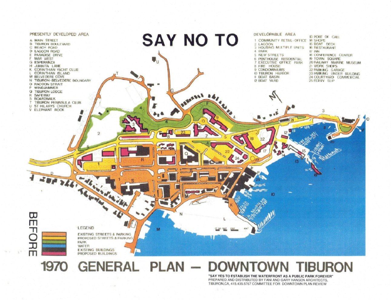 SAY NO TO: hand-drawn color map of the 1970 General Plan, Downtown Tiburon