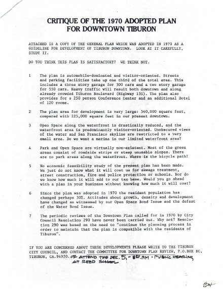 Critique of the 1970 adopted plan for downtown Tiburon, attached to the map