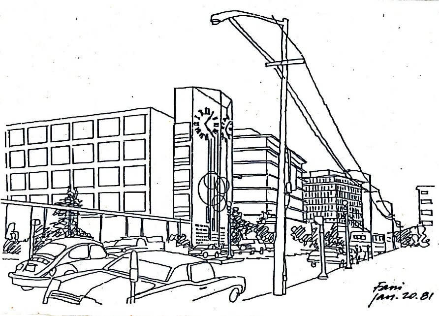 Sketch of the clock tower on Parnassus Avenue