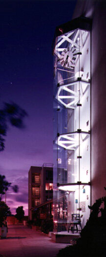 The completed UCSF Founders Clock Tower lit at night