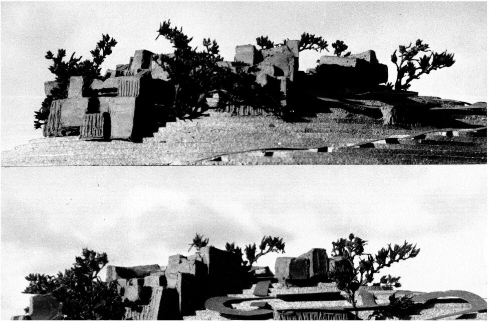 Two views of the clay model of the hilltop winery