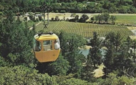 The aerial tramway carrying visitors up to the winery above Napa Valley vineyards