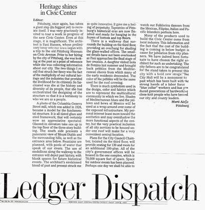 Heritage Shines in Civic Center, letter to the editor, Ledger Dispatch
