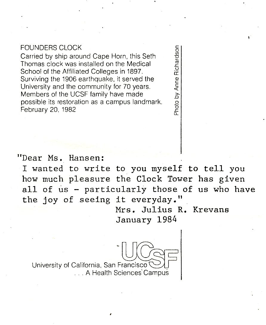 Founders Clock, with a note from Mrs. Julius R. Krevans, January 1984