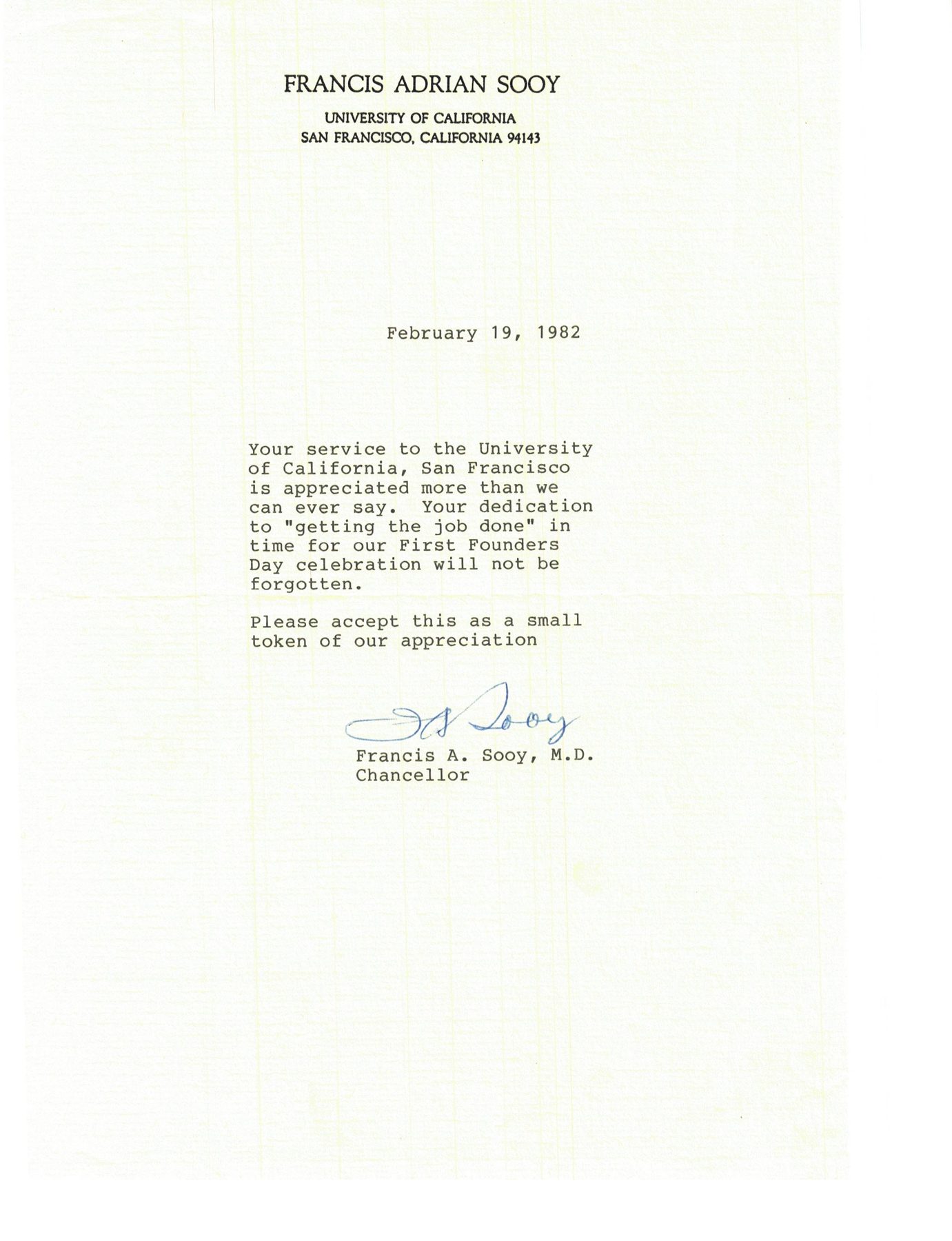 Letter from Chancellor Francis A. Sooy, February 1982